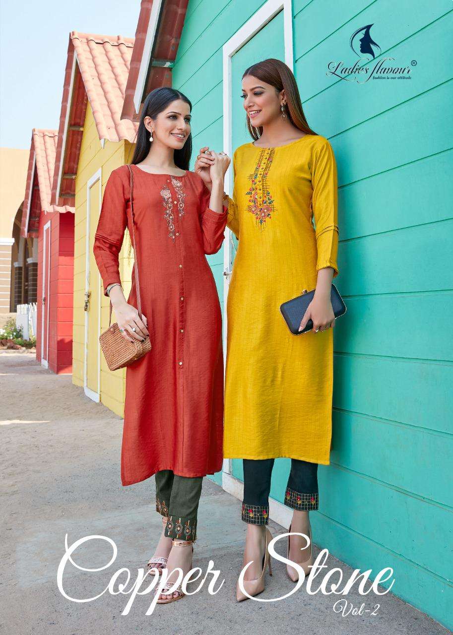 LADIES FLAVOUR PRESENTS COPPER STONE 2 VISCOSE EMBROIDERY WHOLESALE KURTI WITH PENT COLLECTION